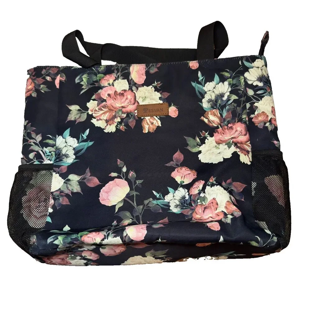 ESVAN Beach Bag Tote Large Floral Mesh Pockets Water Resistant Pool Swim Vacatio